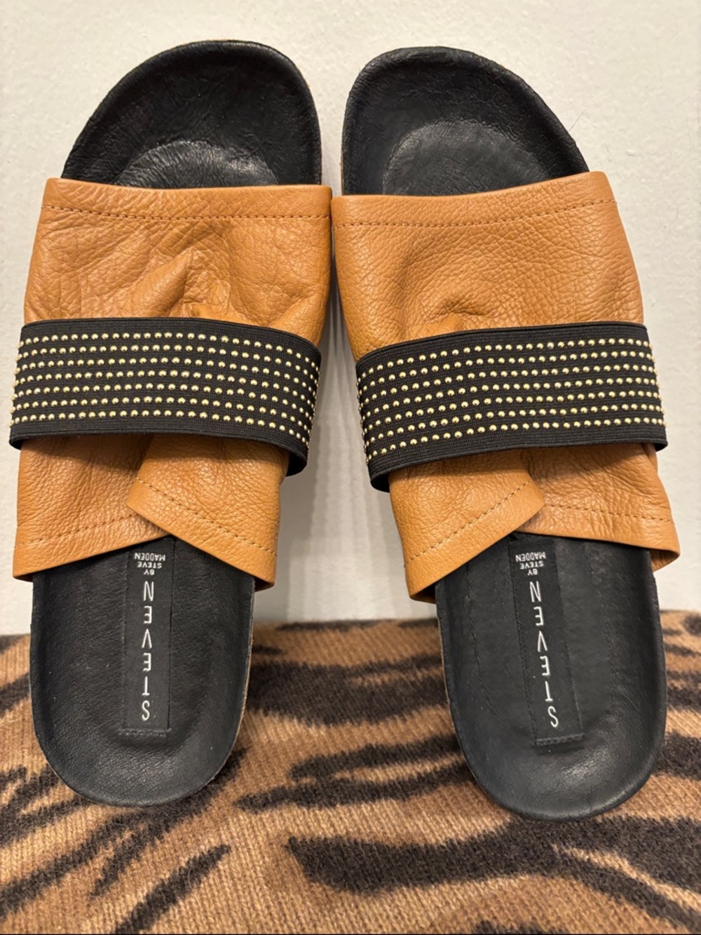 Steve Madden Tan Leather Slide Sandals with Black Studded Strap